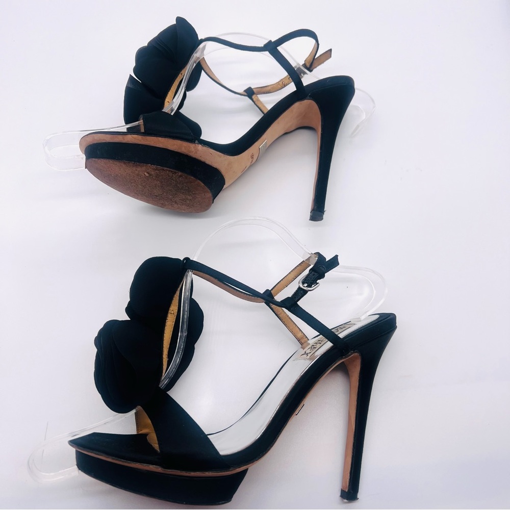 BADGLEY MISCHKA Black Satin Floral Platform Heels Size 7.5 - Picture 5 of 14